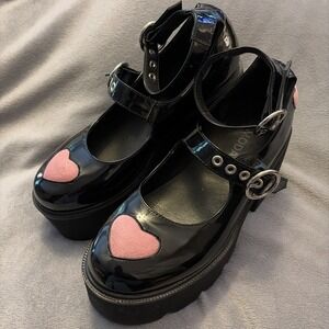 Lamoda Chunky Black Patent Leather Platform Mary Janes Pink Hearts Size 4